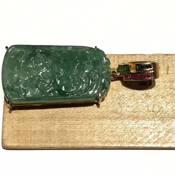 Vtg Signed Gilt 925 Sterling Carved Fish Jade Pendant Emerald Sapphire Ruby - Picture 9 of 12